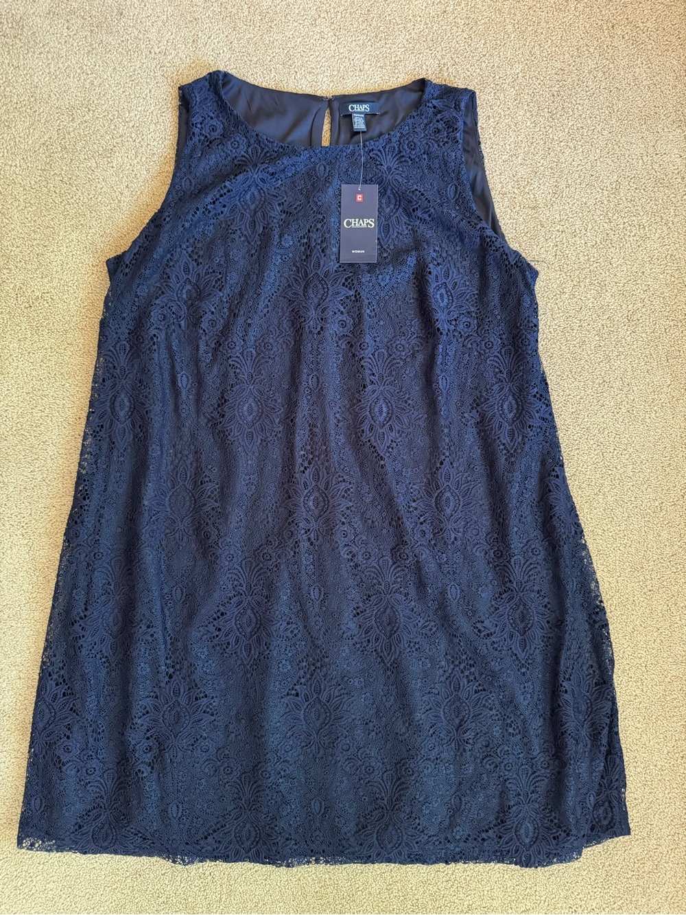 NWT Beautiful Chaps Navy Lace Sleeveless Dress with Crew Neck